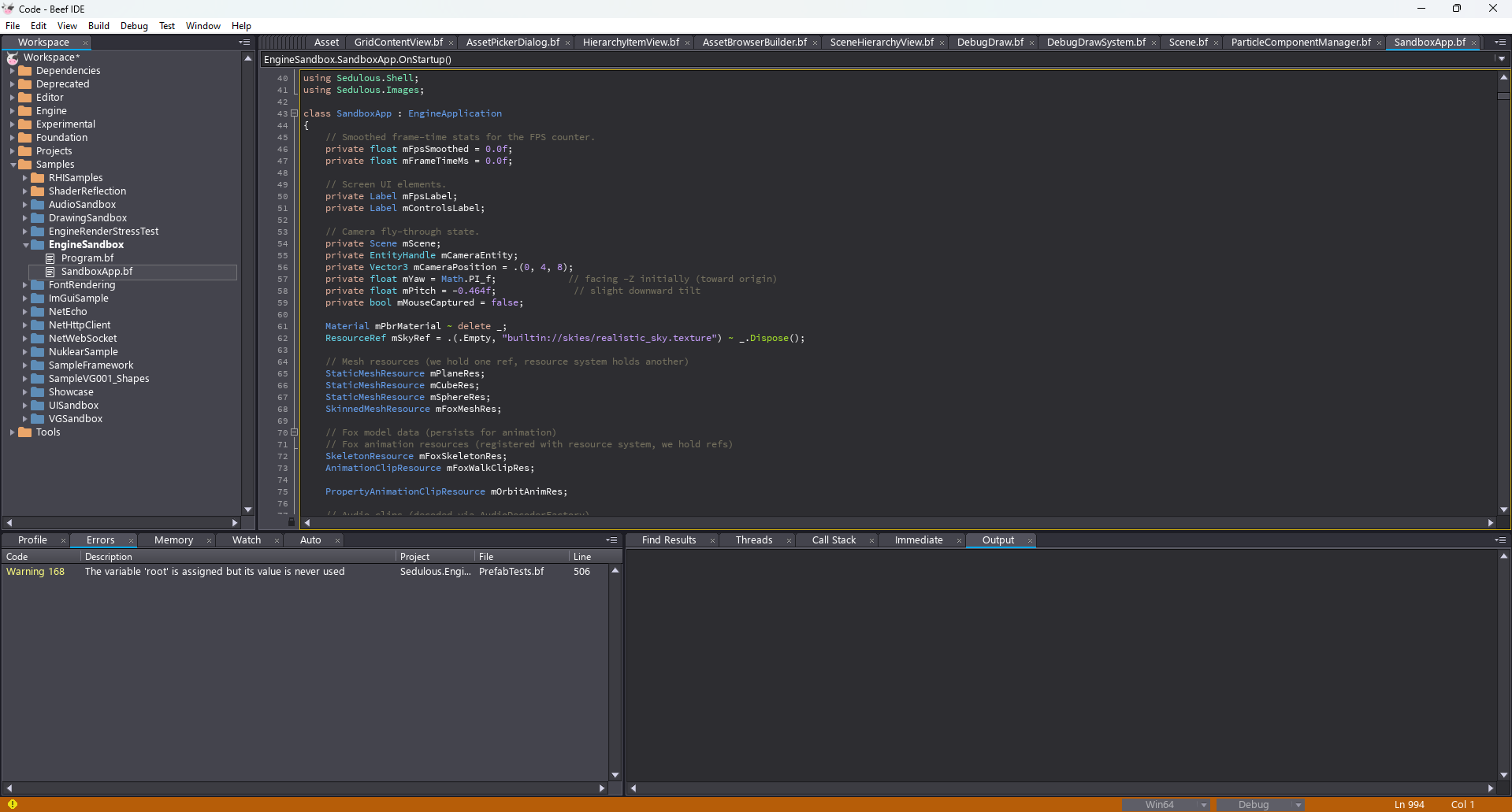 BeefIDE with the Sedulous workspace open
